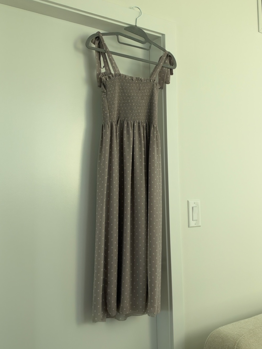 Aritzia Taupe Polka Dot Smocked Midi Dress